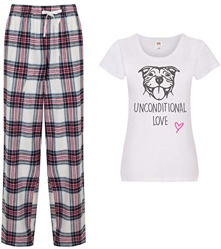 60 Second Makeover Limited Staffy Unconditional Love Pyjamas For Women Ladies Tartan Trouser Bottoms Pyjama Dog Staffordshire Bull Terrier Staffy Gifts Ladies Pjs Pajamas