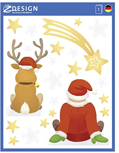 AVERY Zweckform 9 Fensterbilder Rentier Nikolaus Sterne (Made in Germany, selbstklebende Fenstersticker, Weihnachtsdeko Fenster, Fensterfolie ablösbar, glänzend) 1 Bogen/9 Fensteraufkleber, 52299