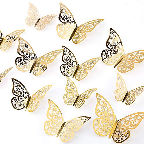 AIEX 24 Stück 3D Schmetterlinge Ornamente Gold Vivid Abnehmbare Aufkleber mit 3 verschiedenen Größen, für Wandtattoos, Kinderzimmer Ornamente, Hochzeitsfeier Dekor