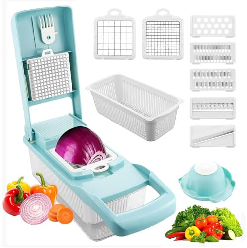 MOCOPO 12-in-1 Vegetable Chopper Slicer, Adjustable Mandoline Cutter with Extra Large Container for Onion Potato Carrot, Pro Chef’s Choice (Blue)