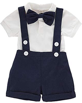 Gajaous Baby Boys Gentleman Suits, Children's Short Sleeve Bowtie Shirt Romper + Braces Shorts Overalls Festive Christening Wedding Gentleman Shorts Set, A-Dark Blue, 3-6 Months