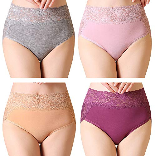 Serecofo Lot de 4 Culottes Slips Femme en Coton Grande Taille Disponible 36-52 Dentelle Taille Haute Lingerie sous-Vêtement Femme Elastique