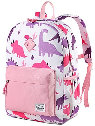 VASCHY Girls Backpack, Cute Dinosaur Kids Backpack for Little Girls Children's Rucksack Toddler School Bag Bookbag for Kindergarten with Bottle Pockets (Pink Dinosaur)