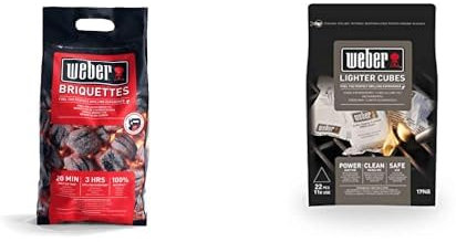 Weber 17590 Briketts, Schwarz, 4 kg & 17945 Anzündwürfel, 22 Stück, weiß