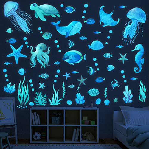 Leuchtsterne Kinderzimmer, Meerestiere Wandtattoo Leuchtend, Fluoreszierend Wandaufkleber, Meereswelt Leuchtaufkleber für Kinder Schlafzimmer Badezimmer Deko