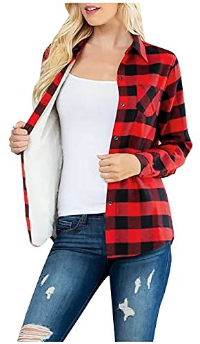 Veste Carreaux FourréE Femme,Surchemise en Laine Carreaux Décontracté Oversized Femme Blouse Chemise à Carreaux à Manches Longues Bûcheron Veste Surdimensionnée Chemise Blouse Style Urbain Hiver Mode