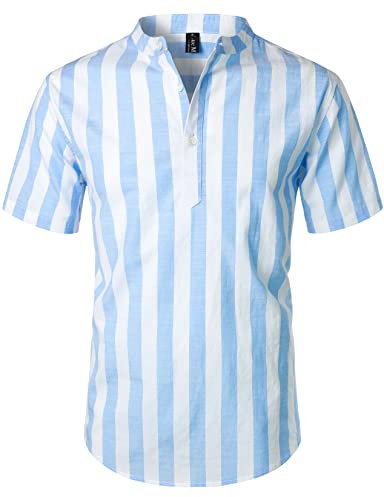 LucMatton Men's Casual Cotton Linen Short Sleeve Henley Shirt Summer Lightweight Vertical Stripe Beach Tops White Blue X-Large