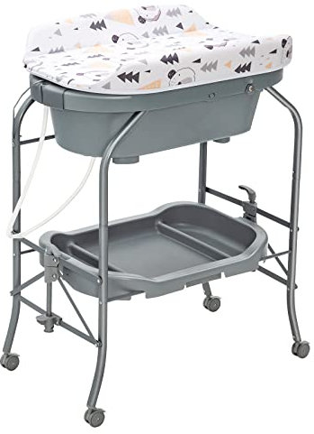 GOPLUS 4 en 1 Cambiador con Bañera, Cambiador de Pañales Plegable y Portátil con Bandeja de Almacenamiento y 4 Ruedas Universales con Frenos, para Bebés de 0-12 Meses, Carga hasta 35 kg (Gris)
