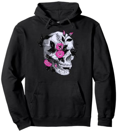 Totenkopf mit rosa Blumen für Damen und Herren Pullover Hoodie