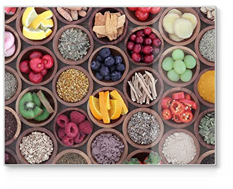 DEQORI Schneidebrett aus Glas | groß 40x30 cm | Motiv Superfood-Ensemble | Design Schneideplatte für Küche | Frühstücksbrett antibakteriell & rutschfest | Glasplatte & Servierplatte