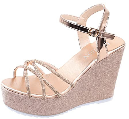 Sandali da donna – Sandali con plateau Wedge – Sandali aperti con fibbia strass – Sandali da donna eleganti casual – Piattaforma zeppa Slingback estive, oro rosa., 39