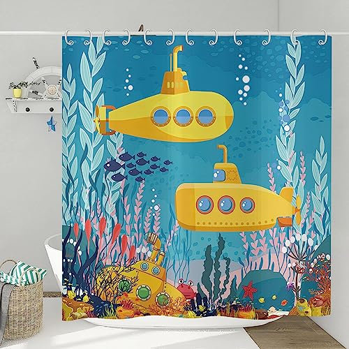 Hnmdmyi Duschvorhang Kinder 180x200, Cartoon Gelbes U-Boot Marine Unterwasser Ozean Fisch Meer Korallenriff Bunte Badewanne Vorhang Wasserdicht Polyester Stoff Waschbar Badevorhang mit Haken