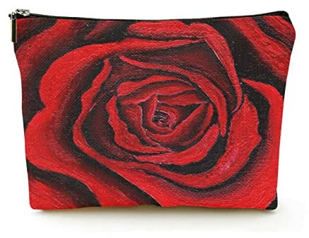 Trousse de Maquillage Femmes Sacs à cosmétiques de Voyage en Lin pour Voyage d'affaires, Rose Rouge Vif écarlate, Belle Pochette de Maquillage
