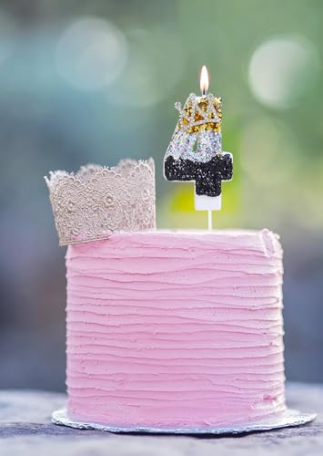 Kinsynko 4 Geburtstagskerze Krone Nummer 4 Kerze Geburtstag Mädchen Kleiner Prinz Prinzessin Vier Jahre alt Geburtstag Party Kuchen Dekoration, Schwarz Silber und Gold Glitzer