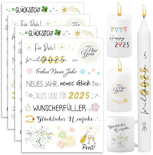 BETESSIN 4x Kerzen Tattoos Folie Kerzentattoo Frohe Neues Jahr 2025 Rub On Sticker Kerzenfolie Neujahr Sprüche Sticker Bunte Kerzensprüche Merry Christmas Kerzensticker für Stabkerzen Kerzen Tasse