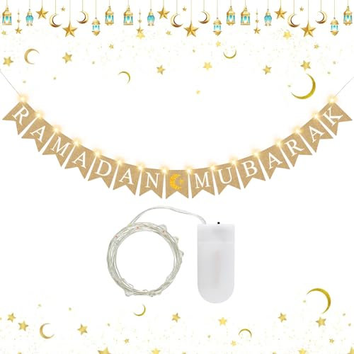 Ramadan Deko, Lichterkette, Ramadan Kareem Banner, LED Ramadan Lichterkette, Eid Deko Banner mit 3M LED Lichterkette, EID Mubarak Banner mit 30 Licht, Muslim Islamic Party Dekoration für Ramadan Party