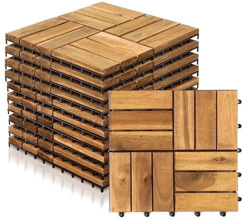 Jopassy 22 Stück Holzfliesen Balkon, 2 m² Balkon Bodenbelag 30x30 cm | Holzfliesen Mosaik aus Akazienholz, Balkonfliesen Terrassenfliesen für Garten, Balkon, Terrasse | 12 Latten