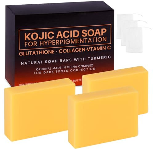 Kojic Acid Soap, 3x100g Kojisäure-Seife, Naturseife Kurkuma-Seife Entferner Dunkler Flecken für Gesicht&Körper Badeseife, Vitamin-C Seife Stück für Hyperpigmentierung Aufhellend Feuchtigkeitsspendend