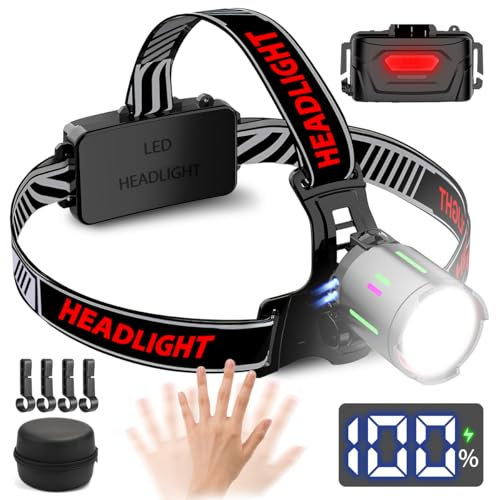 NAKCNM Stirnlampe LED Wiederaufladbar mit Bewegungssensor, Kopflampe Kopfleuchte Stirnleuchte mit Rücklicht LCD Display 20000 Lumen 3 Lichtmodi Einstellbarer Fokus, Kopftaschenlampe mit AKKU Tasche