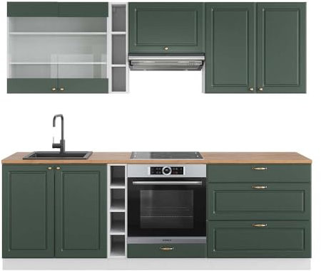 Vicco Küchenzeile Fame-Line, Küchenblock, Grün-Gold Landhaus/Weiß, 235 cm, AP Eiche