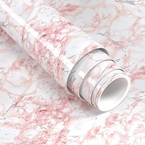 XRUIBZI Pink Marble Wallpaper 40cmx1000cm Sticky Back Plastic Worktop Vinyl Covering Pink Kitchen Contact Paper Self Adhesive Waterproof Wall Paper for Kitchen Countertop Wall