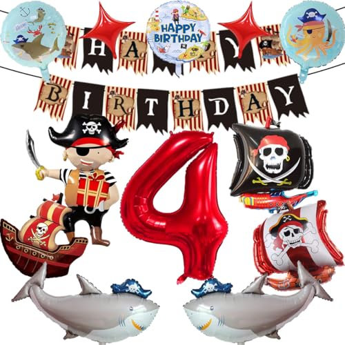Piraten Geburtstagsdeko, 4 Jahre Kindergeburtstag Piraten Deko, Piratenschiff Hai Folienballon, Geburtstag Banner, Kindergeburtstag Piratenparty Dekoration (4)
