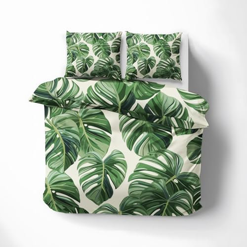 Grüne Monstera Bettwäsche 135x200 4teilig, Bettbezüge mit Grüne Blätter Muster, aus Mikrofaser Weich und Bügelfrei Bettwäsche-Sets, Bettbezug 2er + Kissenbezug 2er, 80x80 mit Reißverschlus