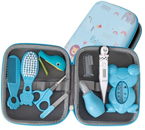 PLIC CARE - Trousse de Soin Bébé Bleue – Dès la Naissance – 9 Essentiels de Soin – Thermomètre Rectal, Thermomètre de Bain, Peigne, Brosse, Lime, Mouche Bébé… - Kit Complet de Puériculture