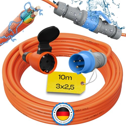 maxgo Camping Adapter CEE auf Schuko – 230V 16A 3x2,5 H07BQ-F Kabel 10m | Robustes H07BQ-F Adapterkabel Made in Germany für Camping, Wohnmobil, Wohnwagen und Boot mit CEE Stecker und Schuko Kupplung