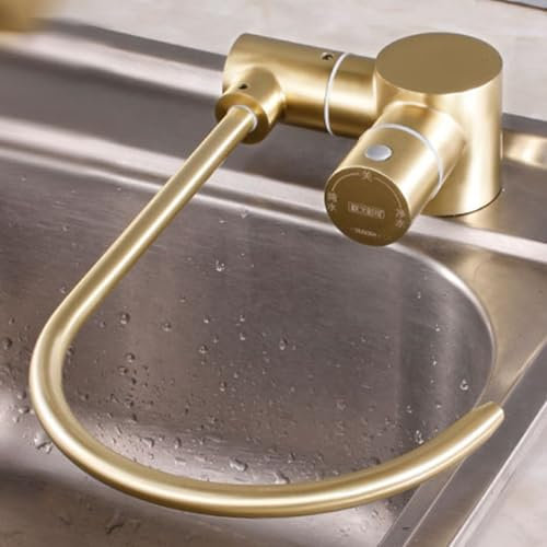 XSDSM Grifo Cocina Abatible Osmosis Doble, Grifo de Agua Potable Fregadero de Cocina, Grifo Con Cuello de Cisne, Giratorio 360°, Acero Inoxidable 1/4 '',Oro Cepillado