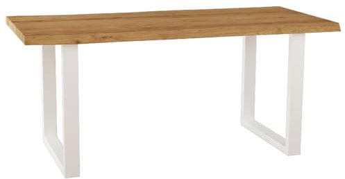 Liadomo Esstisch 180x90 Diala Natur, Baumkantentisch, Baumkante, Akazie Massivholz Tisch, 35 mm Tischplatte lackiert, Robust & Pflegeleicht, Unikat, U-Gestell Metall weiß