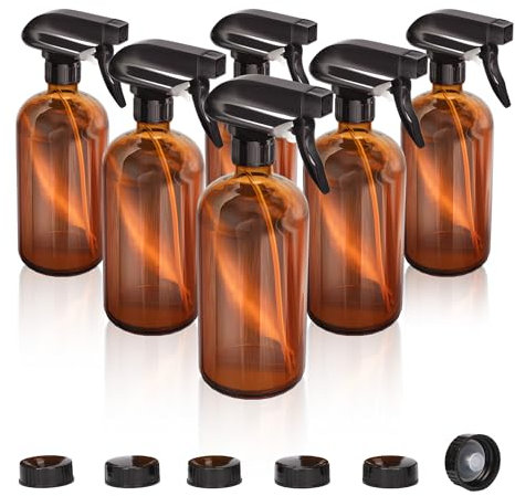 jxgzyy Amber Empty Glass Spray Bottles 6 Pack (500ml/16oz) Refillable Container for Essential Oils,Cleaning Mist Water Spray Bottle Adjustable Trigger Sprayer with Spray Stream Settings