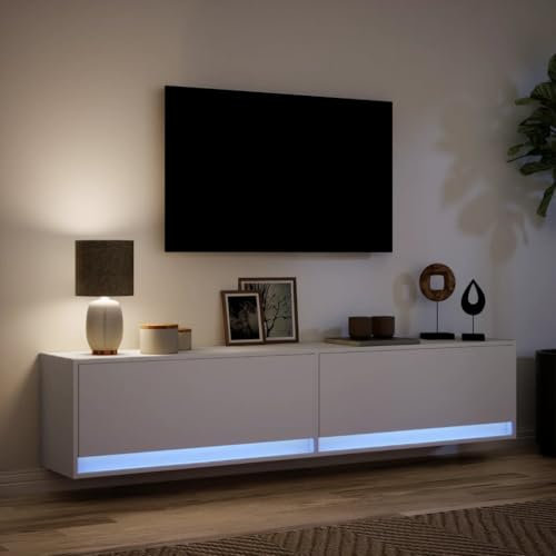IKAYAA Mueble TV Suspendido con iluminación LED 180x31x38 cm Mesa TV Flotante Mueble TV Colgante Mueble de Salón Suspendido con Compartimiento con 2 Cajones Blanco