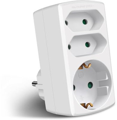 EXTRASTAR Adaptador de 3 vías, Toma de corriente de 2 euros + 1 Schuko, Enchufe adaptador para la oficina, el hogar o de viaje, Blanco