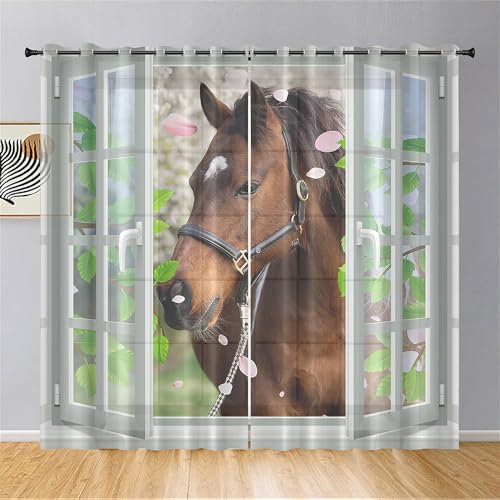 Lukery Vorhänge mit Ösen, 3D Tierdruck Transparent Scheibengardinen Lang Wohnzimmer 2er Set, Halbtransparent Gardinen Vorhänge Durchsichtig für Fenster Küche (Pferd,80x115cm)