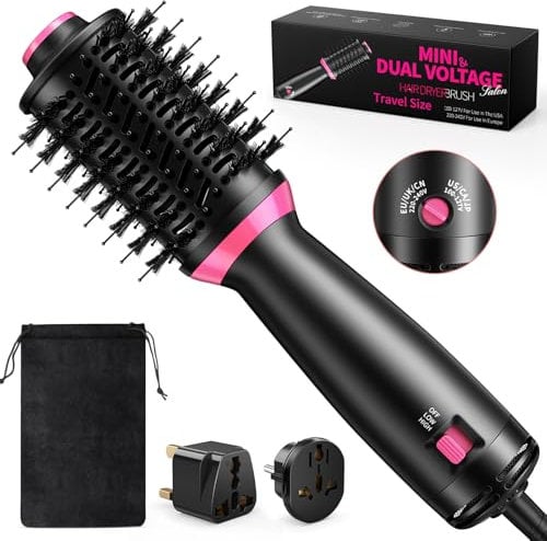 BKXCHA 3 en 1 Cepillo Secador de Pelo, Doble Voltaje One Step Iónico Negativos Cepillo Electrico Pelo, 3 Temperaturas y 2 Adaptadores, Mini Cepillo de Aire Caliente para Secar, Alisador, Volumen