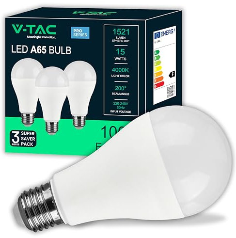 V-TAC 3x Lampadine LED 15W ad Alta Luminosità 1521 Lumen - E27 A65 - Lampadine Nuova Generazione - 4000K Luce Bianco Naturale - Equivalenti a 100W - Box da 3