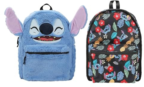 Bioworld Disney Stitch Plush Character & Tropical Print 16.5 Flip Pak Reversible Backpack (Little Big Kid) Sac à Dos, AOP, Taille Unique Mixte Enfant