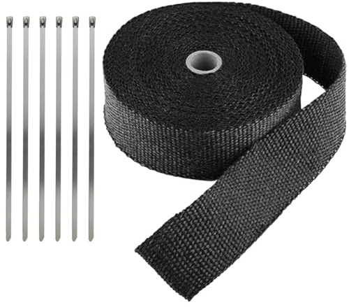 LKRXW Hitzeschutzband Auspuffband Glasfaser Auspuff Isolierband Hitzeschutz | Motorrad Auspuffkrümmer Band Hitzeschild Thermoband Krümmerband Wickelband Schwarz 5CM x 5M mit 6 Kabelbinder
