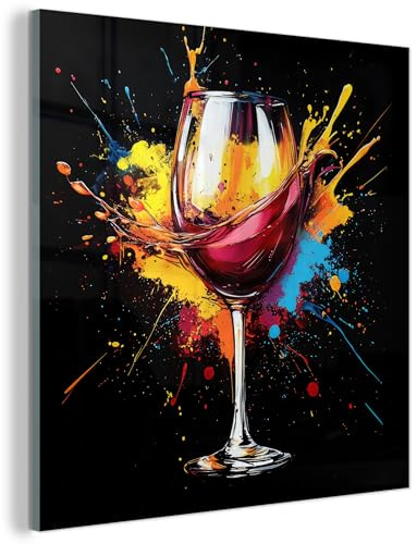MuchoWow© Glasbilder Wanddeko Wohnzimmer Aesthetic Room Decor Deko Zimmer | 50x50 cm - Wandbilder Modern Bild auf Glas Wein - Graffiti - Aperitif - Rot - Farbe