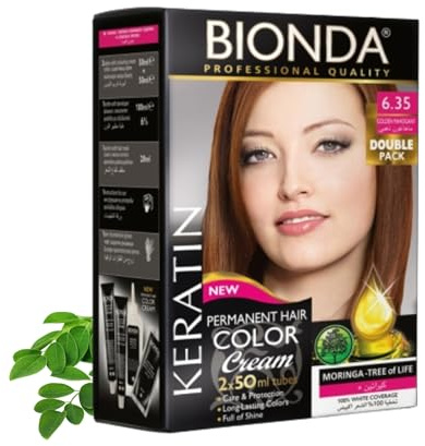 BIONDA Professional 6.35 Caoba Dorado 200 ml Tinte Permanente Pack Doble | Tinte permanente 6.35 Caoba Dorado con queratina y moringa, cobertura total de canas y color intenso de larga duración