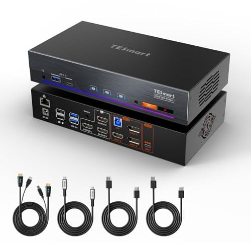TESmart USB-C KVM for MacBook, 3 Monitores 2 PC, DisplayLink MacBook 4K@60Hz, 100W PD, 4 USB 3.0, LAN 1Gbps, EDID, Audio, MacBook Dual Monitor Switch con Cables, MacBook Docking Station KVM