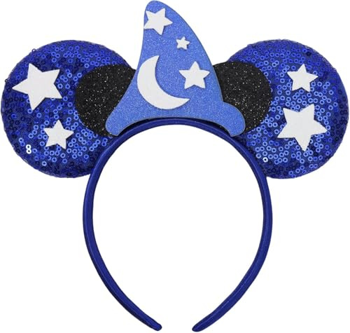 Maus Ohren Stirnband Blau Zauberer Ohren Pailletten Schleife Stirnband für Erwachsene Kinder Frauen Mädchen Jungen Parks Ohren für Cosplay Zubehör Party (blaue Mond)