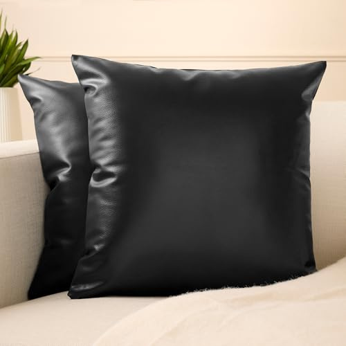 Encasa XO Kunstleder Kissenbezug, ohne Füllung 40x40 cm | Schwarz, Wasserabweisend & Wetterfest | Versteckter Reißverschluss | | 2er Set