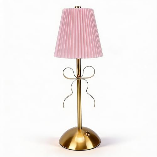 Bewinner Bow Tischlampe, Wiederaufladbare LED-Schreibtischlampe mit Stoffschirm und Touch-Steuerung, Niedliches Dekoratives Nachtlicht für Schlafzimmer, Heimhotel und (PINK)