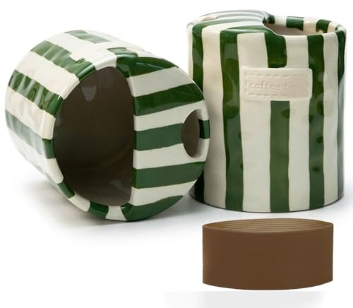 KOIMYSA Ceramic Travel Coffee Mug with Straw Hole 12oz, Espresso Cups | Hand Painted Pottery Coffee Mug, Retro Striped To Go Coffee Mug for Hot & Cold Drinks, Microwave & Dishwasher Safe, Green