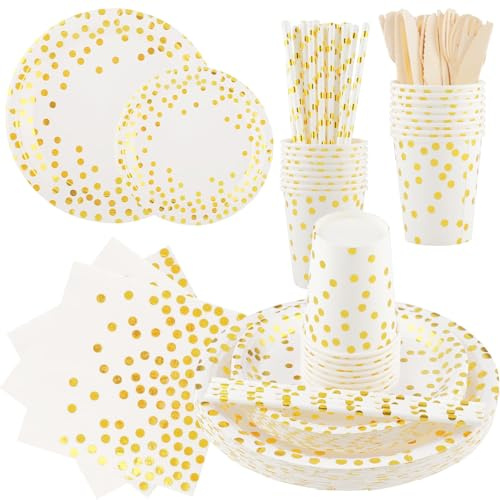 Shodiffy Vajilla de Fiesta, 200 Piezas Platos y Vasos para Cumpleaños, Reutilizable Platos de Papel Servilletas de Vasos Pajitas para Fiestas, Bodas, Aniversarios para 25 Invitados