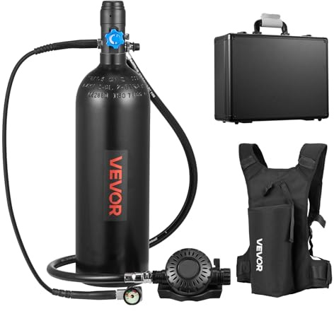 VEVOR Mini Botella de Buceo de 2 L, Juego de Tanque de Buceo Portátil con Mochila y Caja de Protección, Capacidad de 30 a 35 Minutos, Bombona de Oxígeno Recargable Aluminio, para Viajes Bucear Rescate