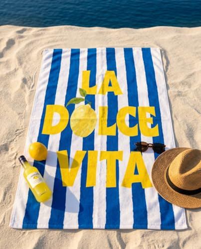 Aymax, Strandtuch, 100 x 180 cm, 100 % Polyester | La Dolce Vita Zitrone Streifen Blau & Gelb Mittelmeer XL