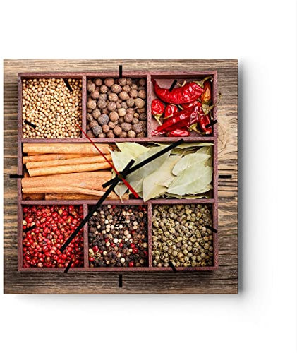 Modern Wanduhr Holzkiste orientalisch Gewürz Gewürze 40x40cm Quadrat Groß Wand Uhr Glas Analog Zimmeruhren Küche Büro Wohnzimmer Glasuhr Wall Clock Dekoration Design Küchenuhr C3AC40x40-2467